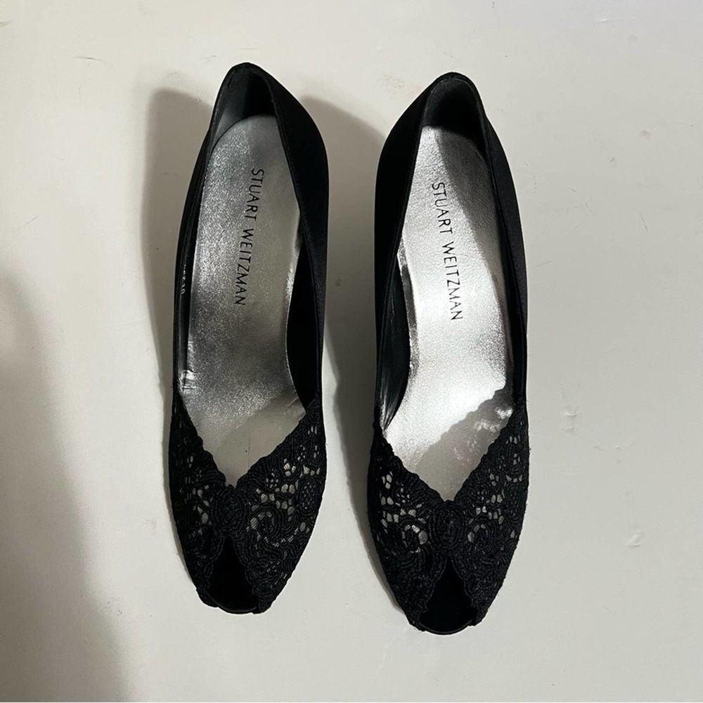 Stuart Weitzman Black Lace Peep Toe Heels - Picture 5 of 12